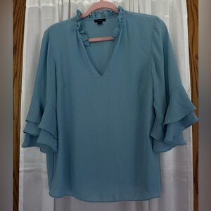 Ann Taylor Light Blue Ruffle Sleeve Blouse